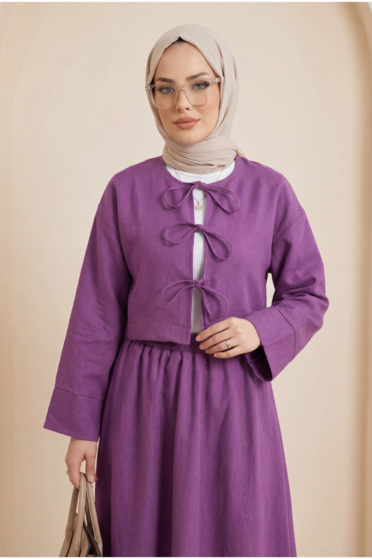 Önü Bağcıklı Beli Lastikli Etekli Keten Takım        -Mor