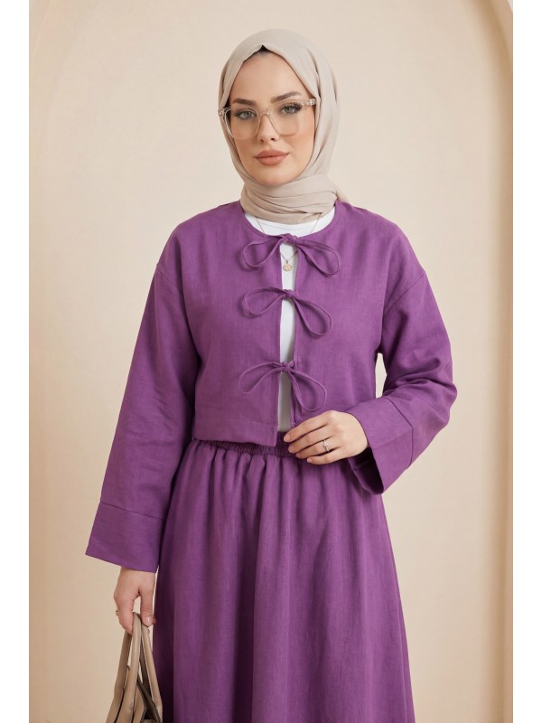 Önü Bağcıklı Beli Lastikli Etekli Keten Takım        -Mor