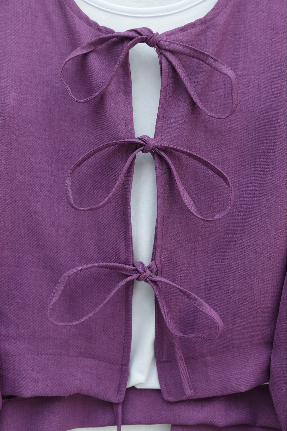 Önü Bağcıklı Beli Lastikli Etekli Keten Takım        -Mor