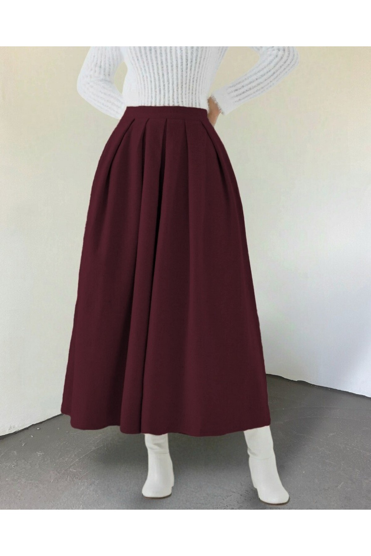 Pileli Fermuarlı Kaşe Etek  -Bordo
