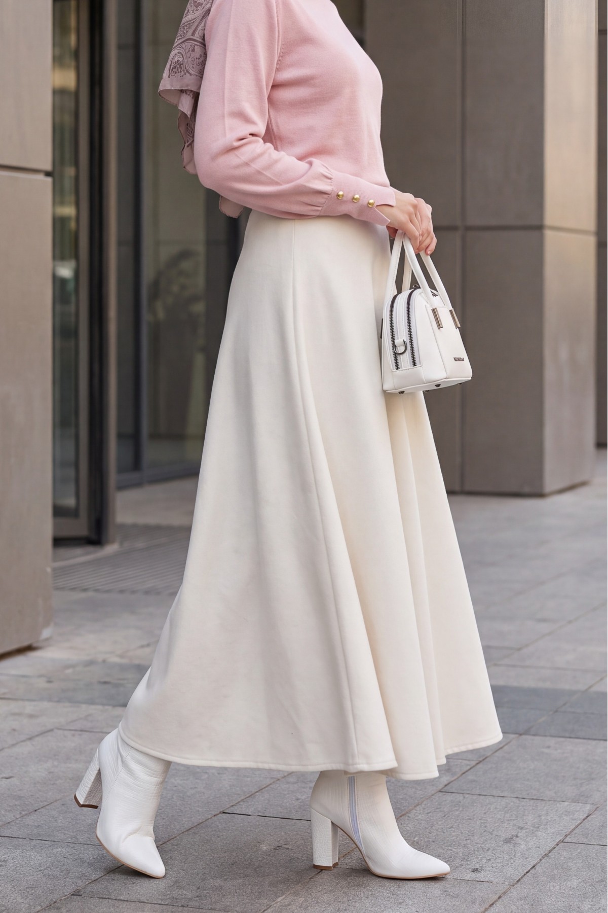 Fermuarlı Kaşe Çan Etek -Ekru