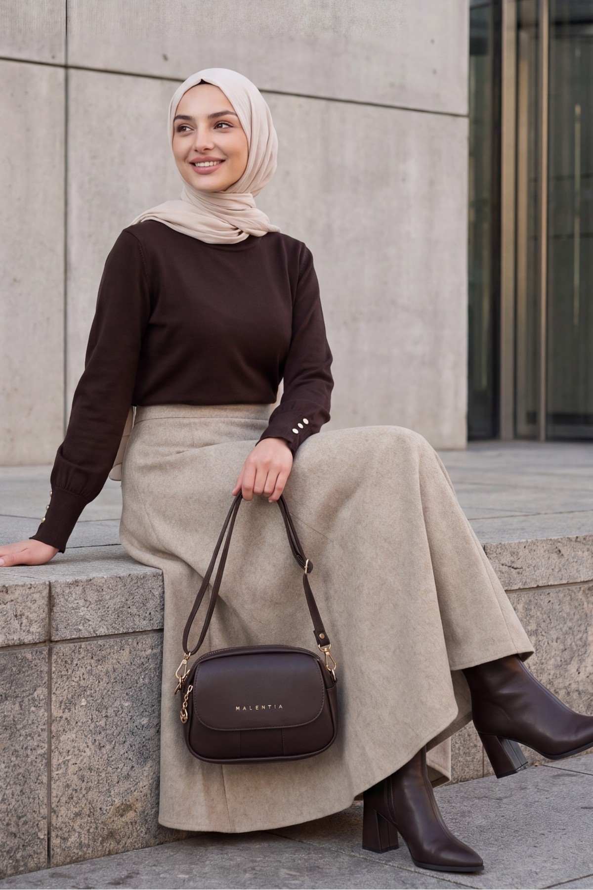 Fermuarlı Kaşe Çan Etek    -Bej