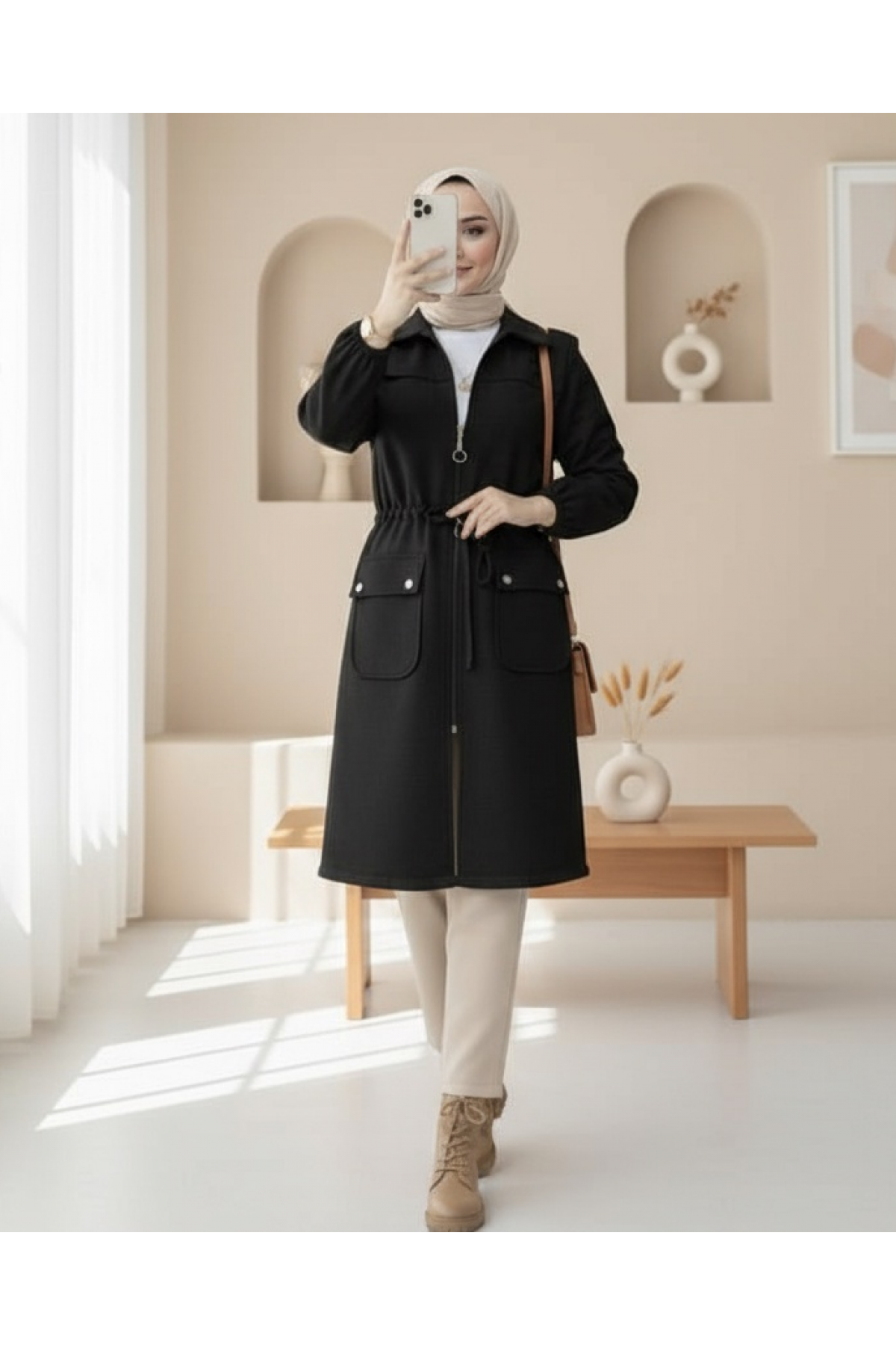 Elastic Sleeve Top Button Pocket Zippered Cashmere Coat -Black