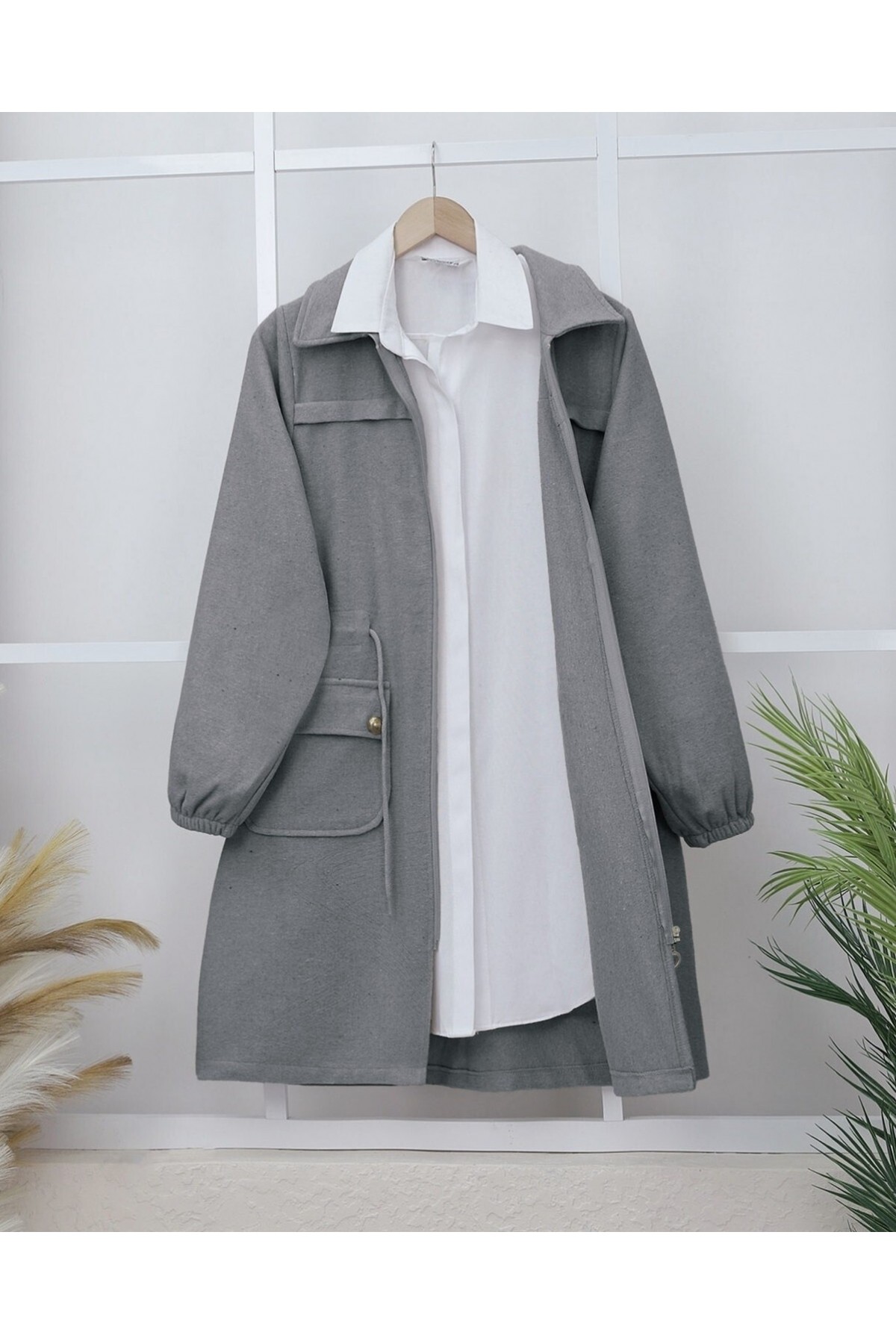 Elastic Sleeve Top Button Pocket Zippered Cashmere Coat -Smoked 