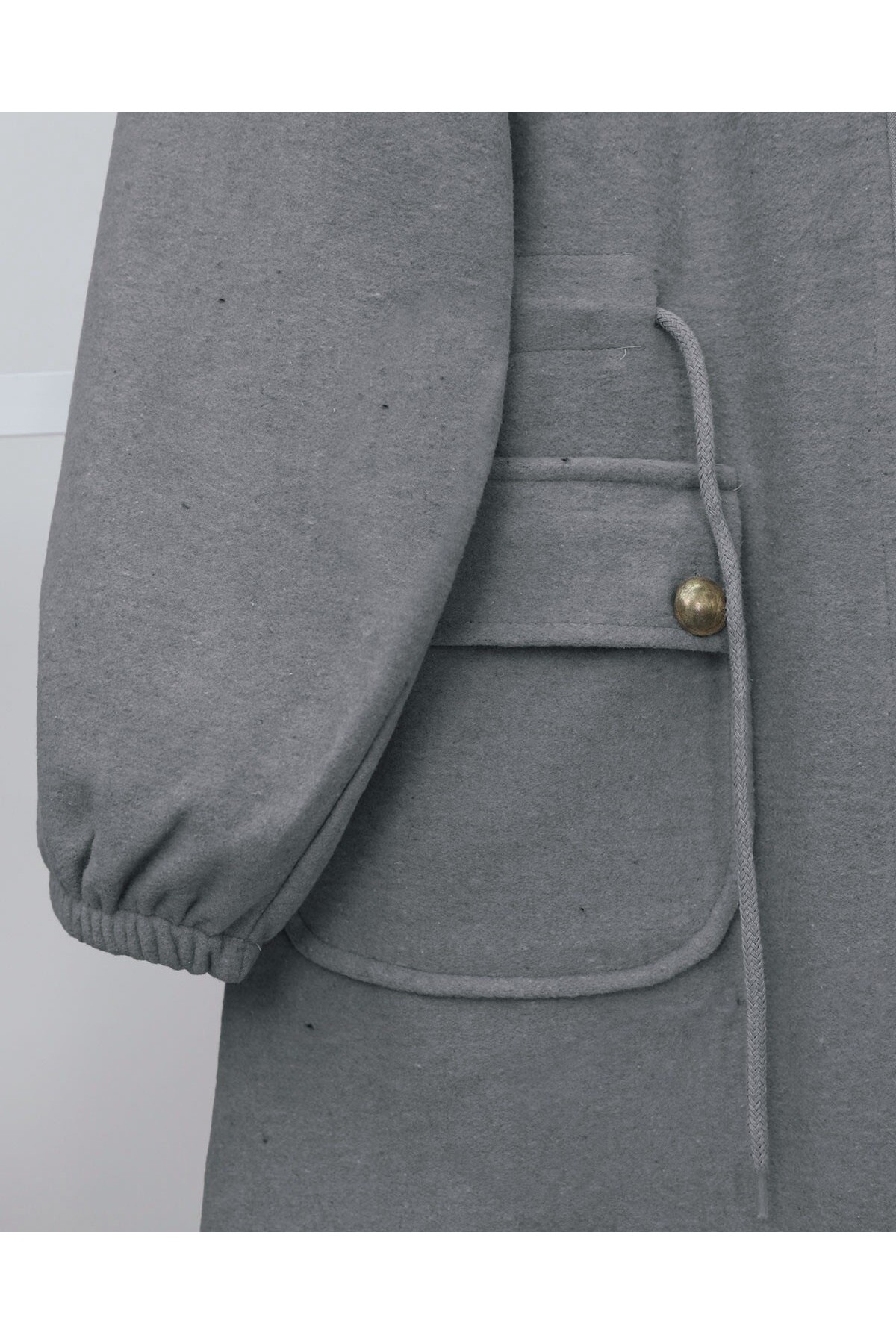 Elastic Sleeve Top Button Pocket Zippered Cashmere Coat -Smoked 