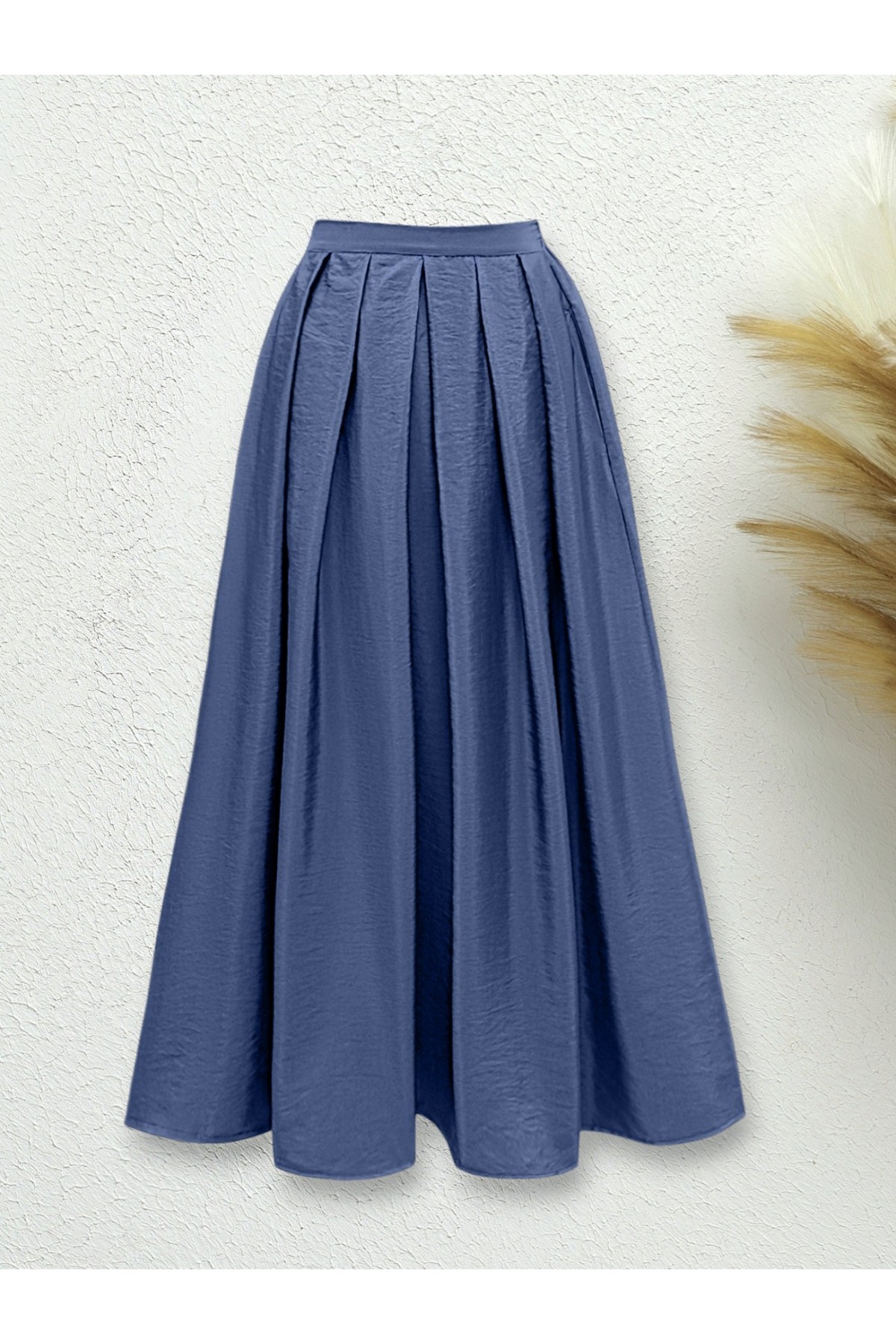 Pleated Parachute Skirt with Elastic Waistband -İndigo