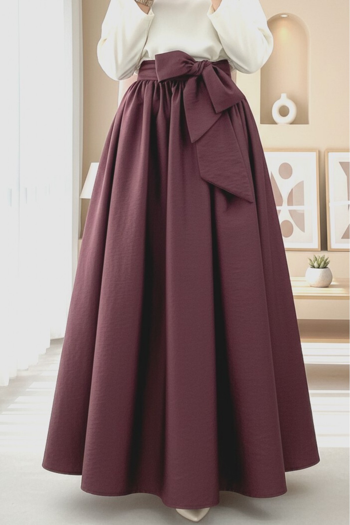Pleated Belted Parachute Skirt   -Maroon