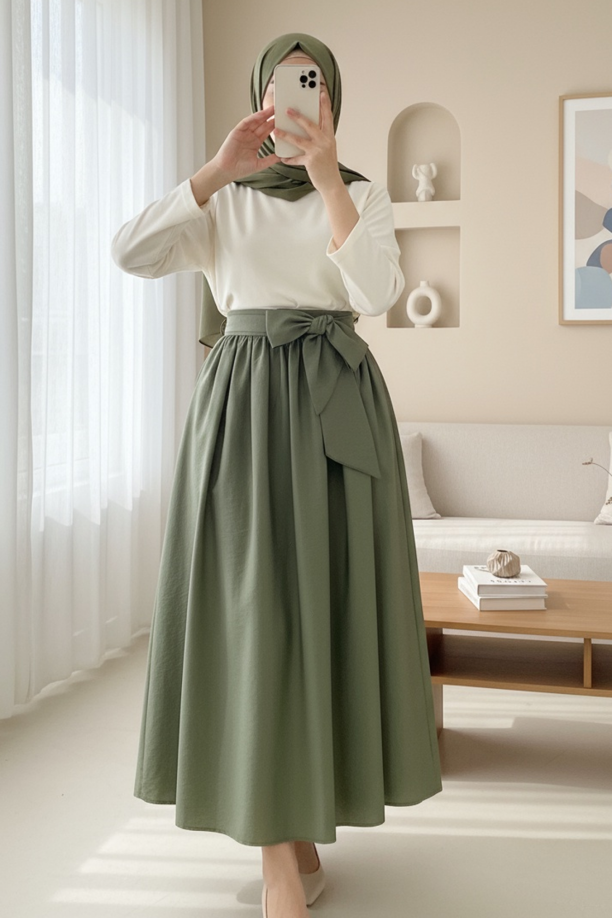 Pleated Belted Parachute Skirt -Khaki