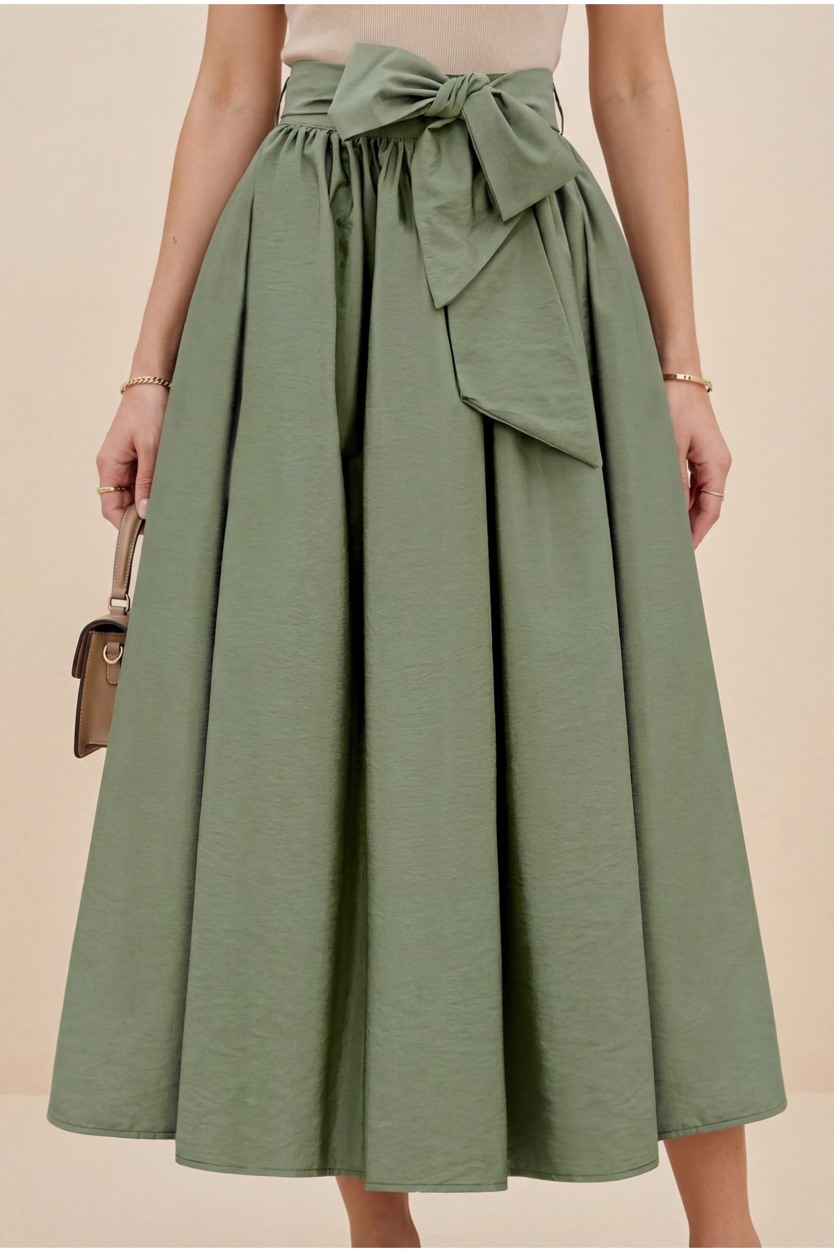 Pleated Belted Parachute Skirt -Khaki
