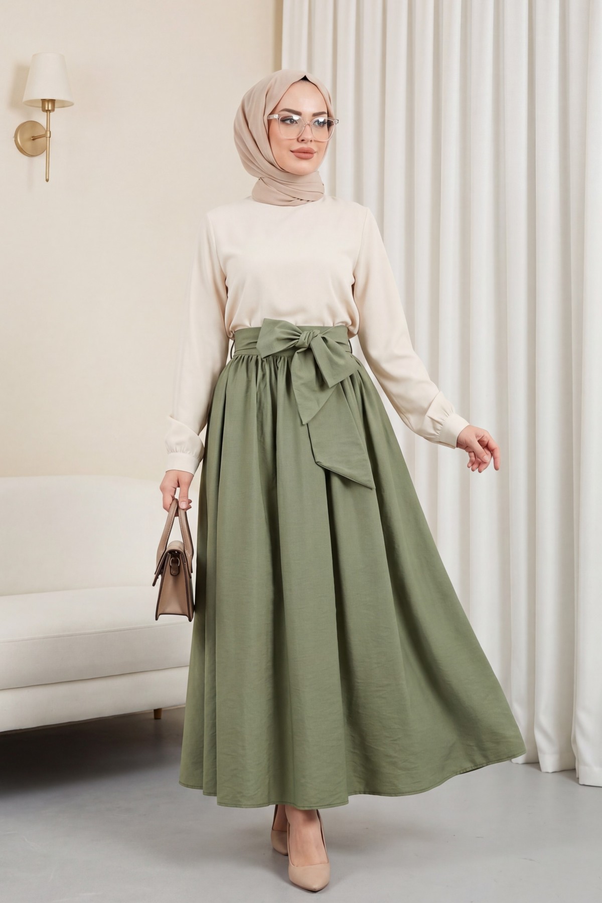 Pleated Belted Parachute Skirt -Khaki