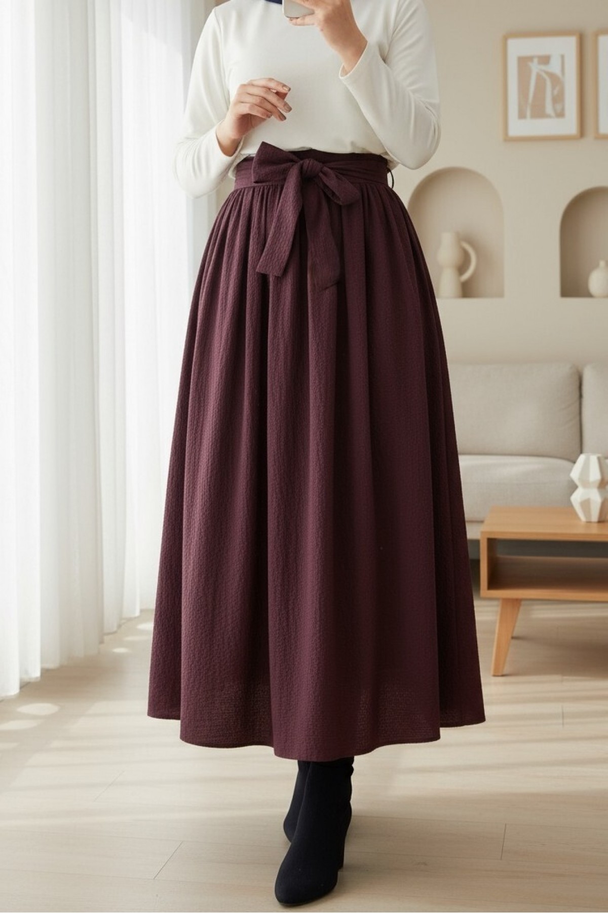 Pleated Belted Parachute Skirt     -Cherry Color