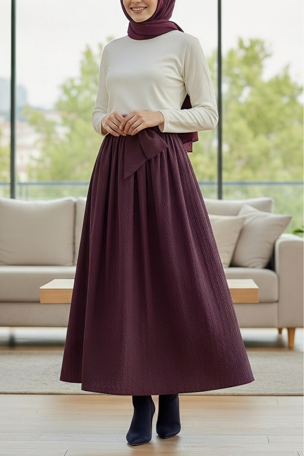 Pleated Belted Parachute Skirt     -Cherry Color