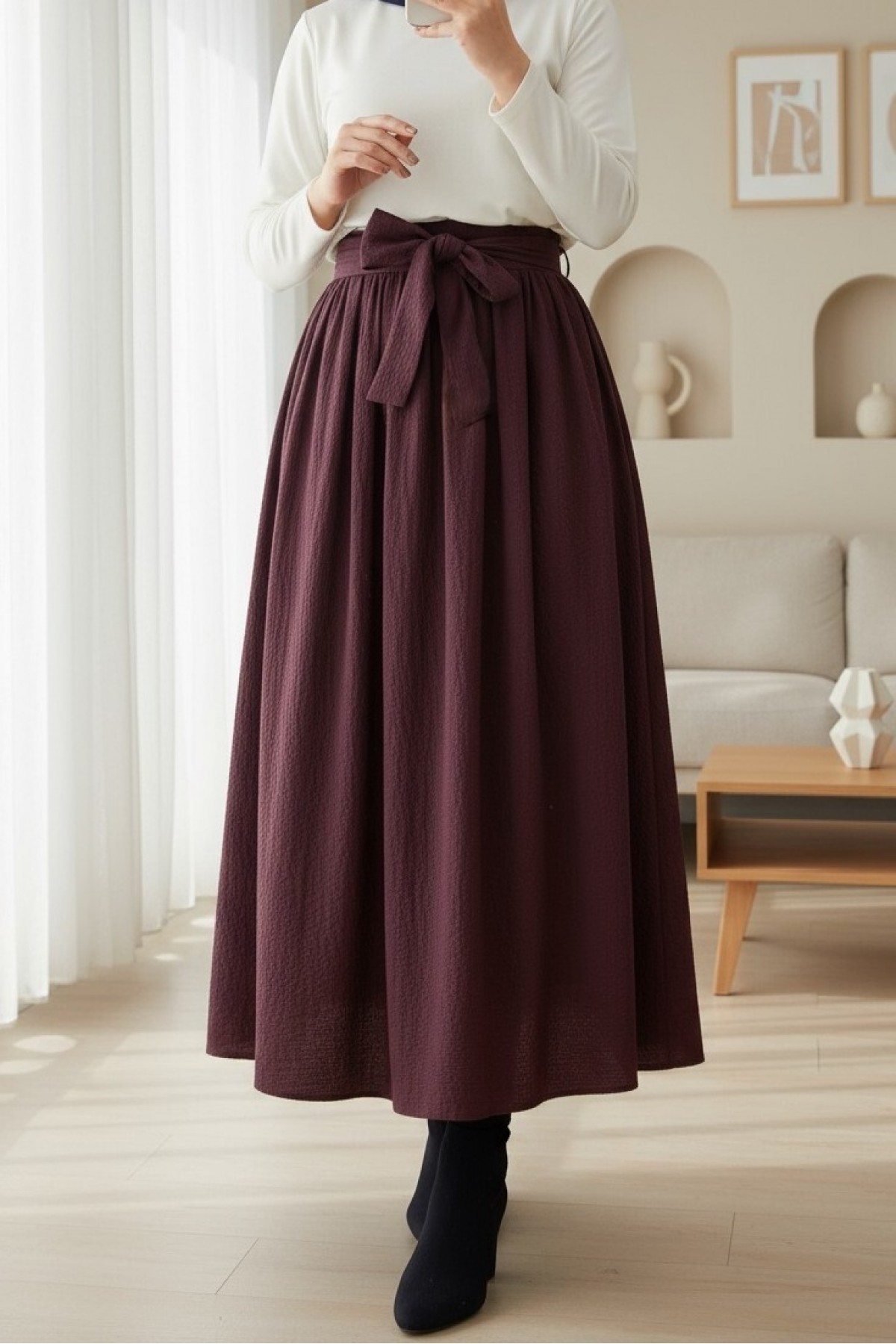 Pleated Belted Parachute Skirt     -Cherry Color