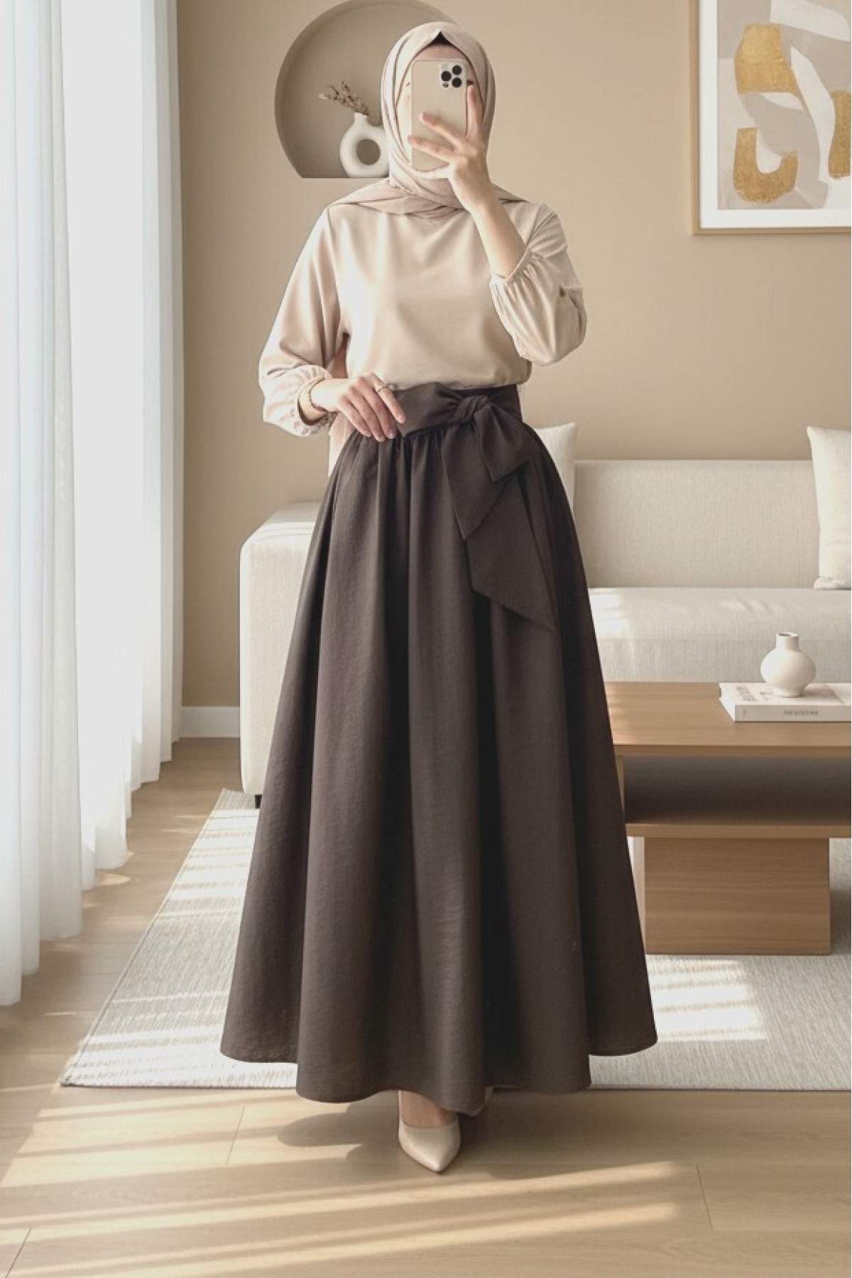 Pleated Belted Parachute Skirt   -Dark Coffee