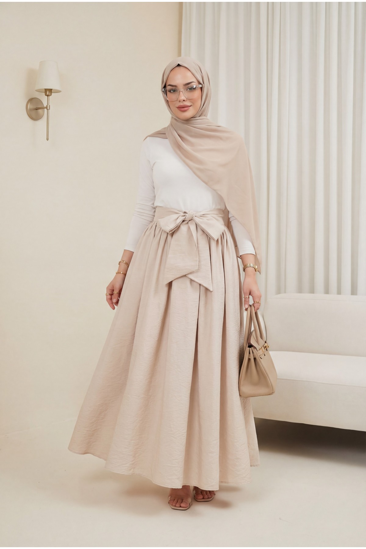 Pleated Belted Parachute Skirt - Beige