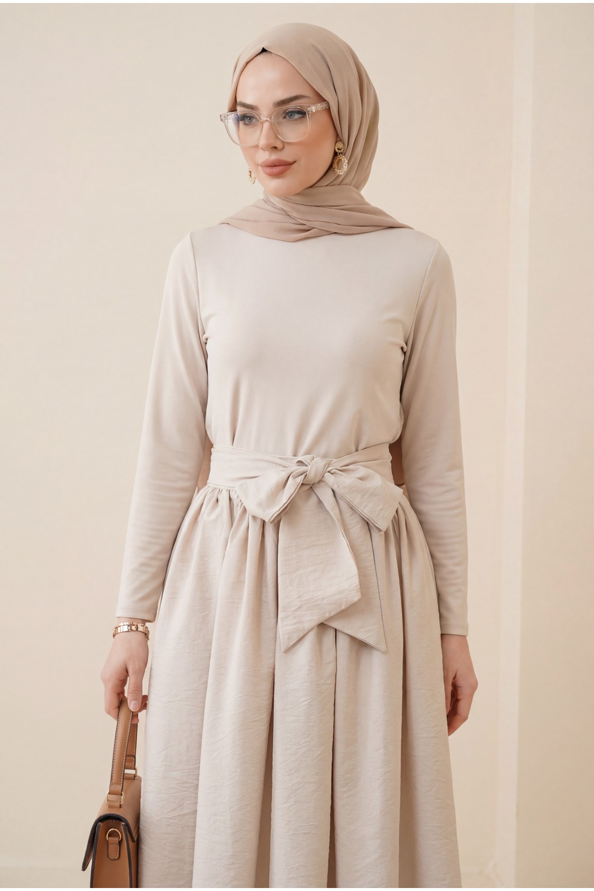 Pleated Belted Parachute Skirt - Beige