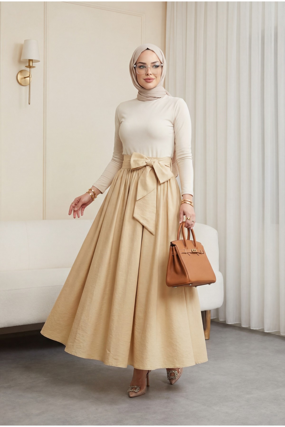 Pleated Belted Parachute Skirt    -Light yellow