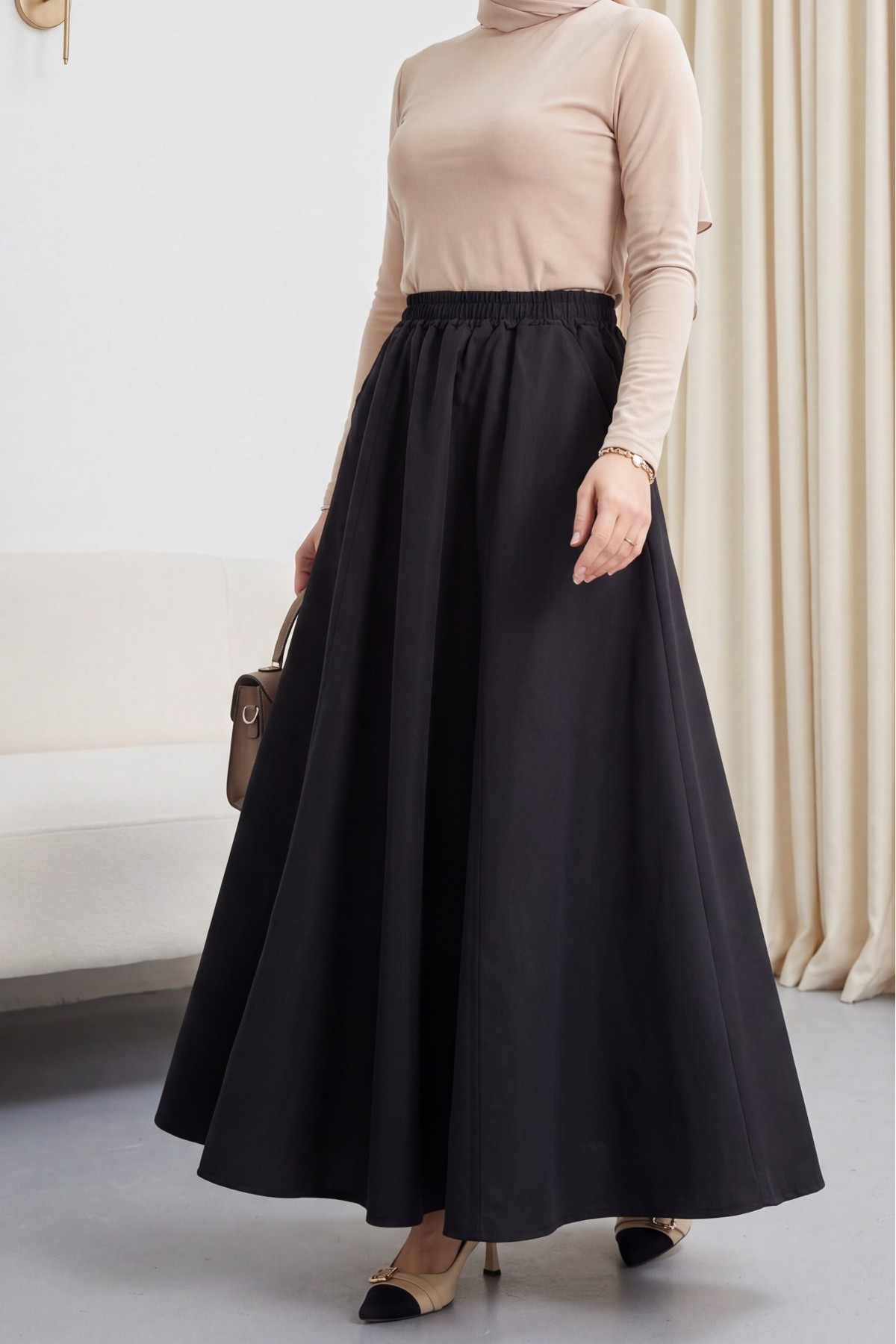 Elastic Waist Parachute Skirt with Pockets -Black