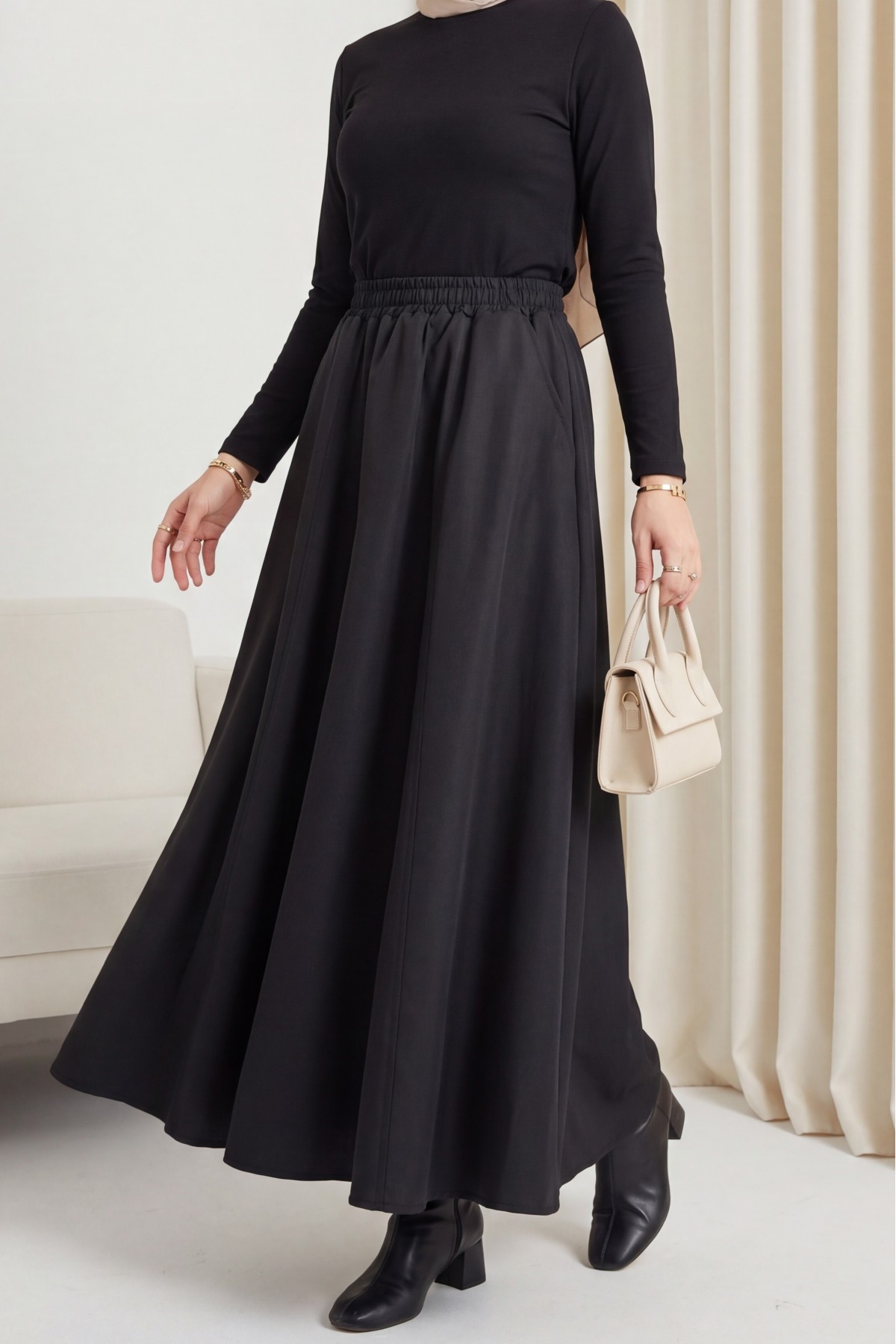 Elastic Waist Parachute Skirt with Pockets -Black