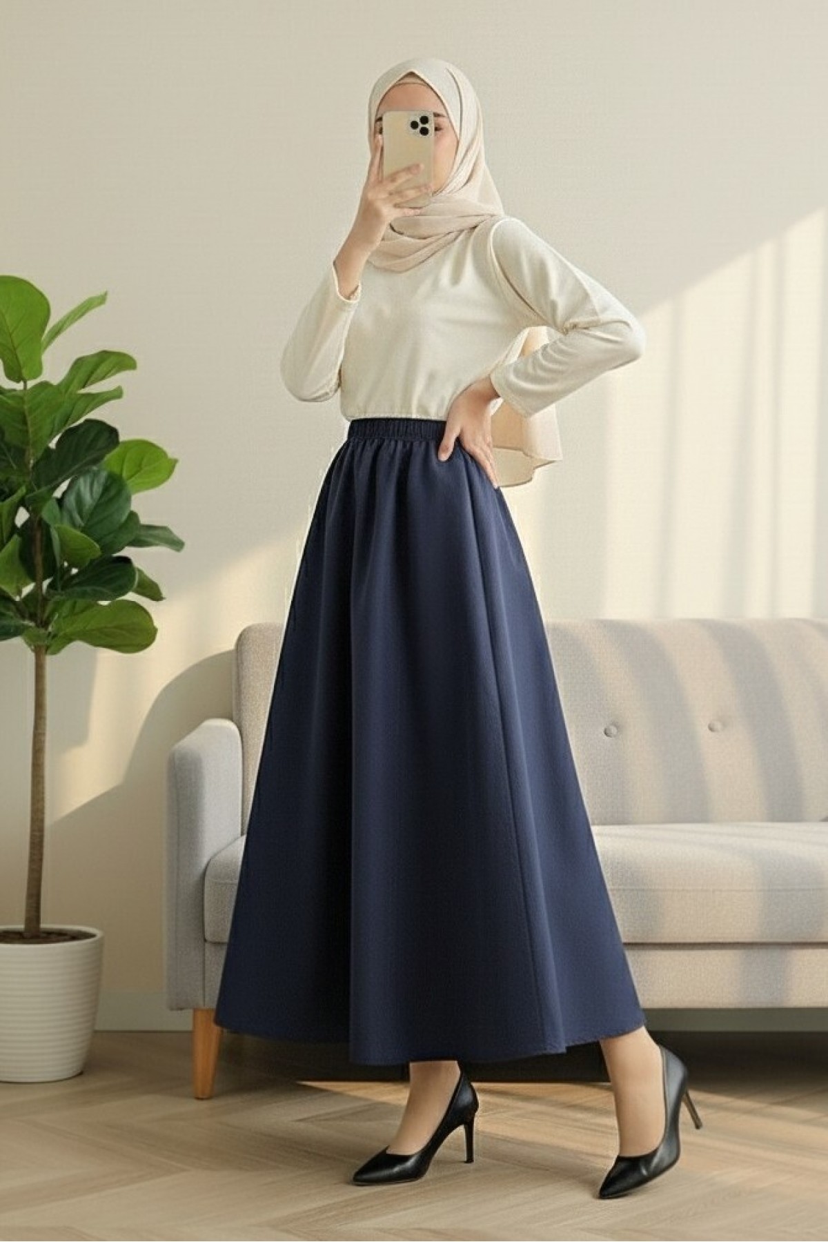 Elastic Waist Parachute Skirt with Pockets  -Navy blue