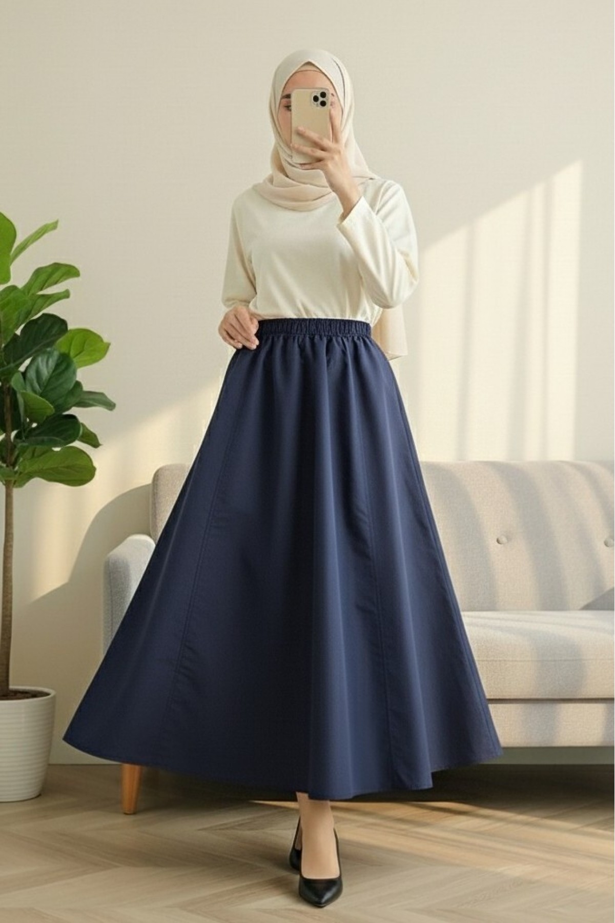 Elastic Waist Parachute Skirt with Pockets  -Navy blue