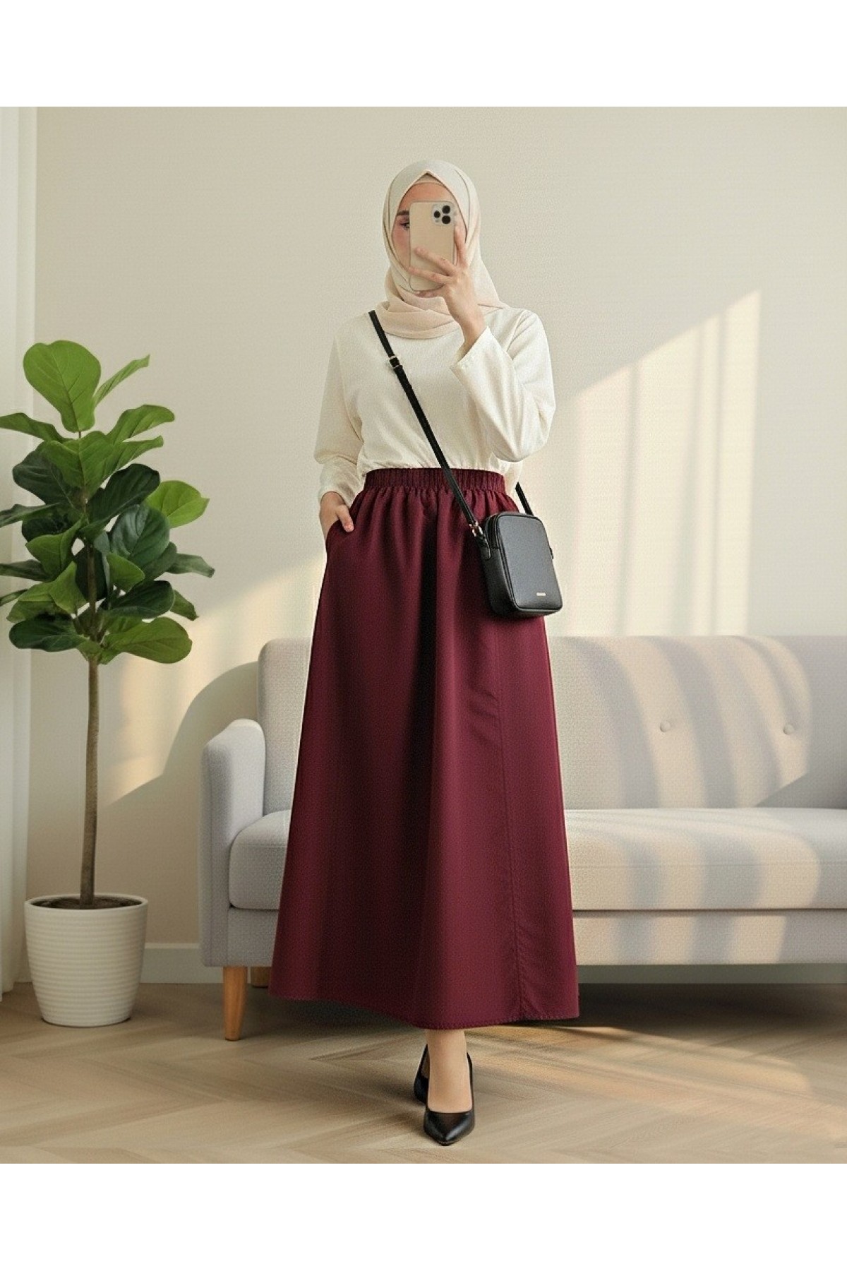 Elastic Waist Parachute Skirt with Pockets  -Maroon