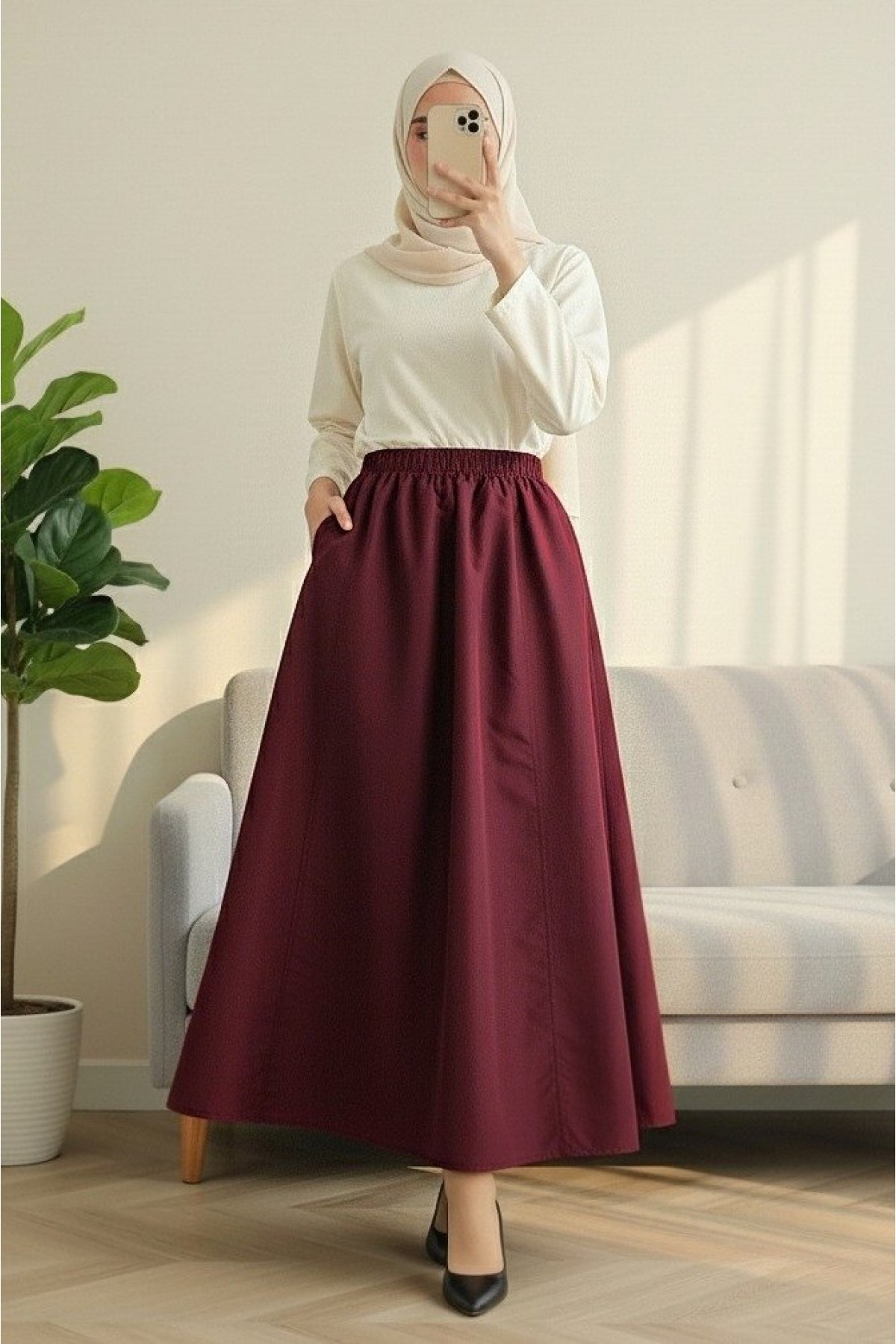 Elastic Waist Parachute Skirt with Pockets  -Maroon