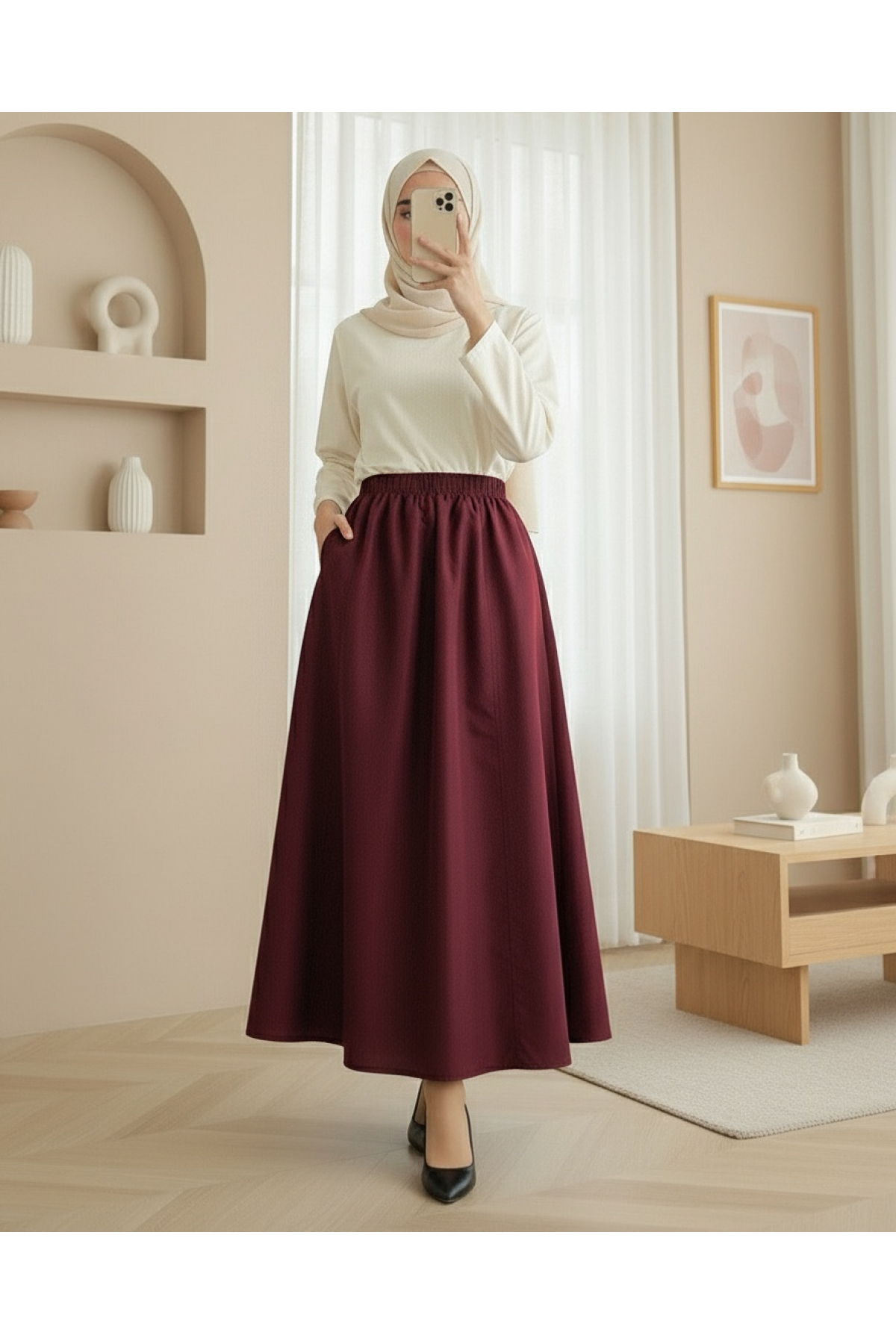 Elastic Waist Parachute Skirt with Pockets  -Maroon