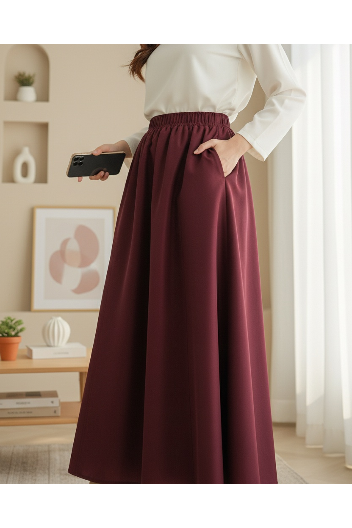 Elastic Waist Parachute Skirt with Pockets  -Maroon