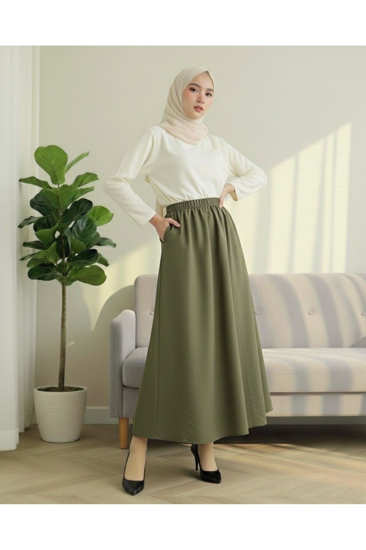 Elastic Waist Parachute Skirt with Pockets  -Khaki