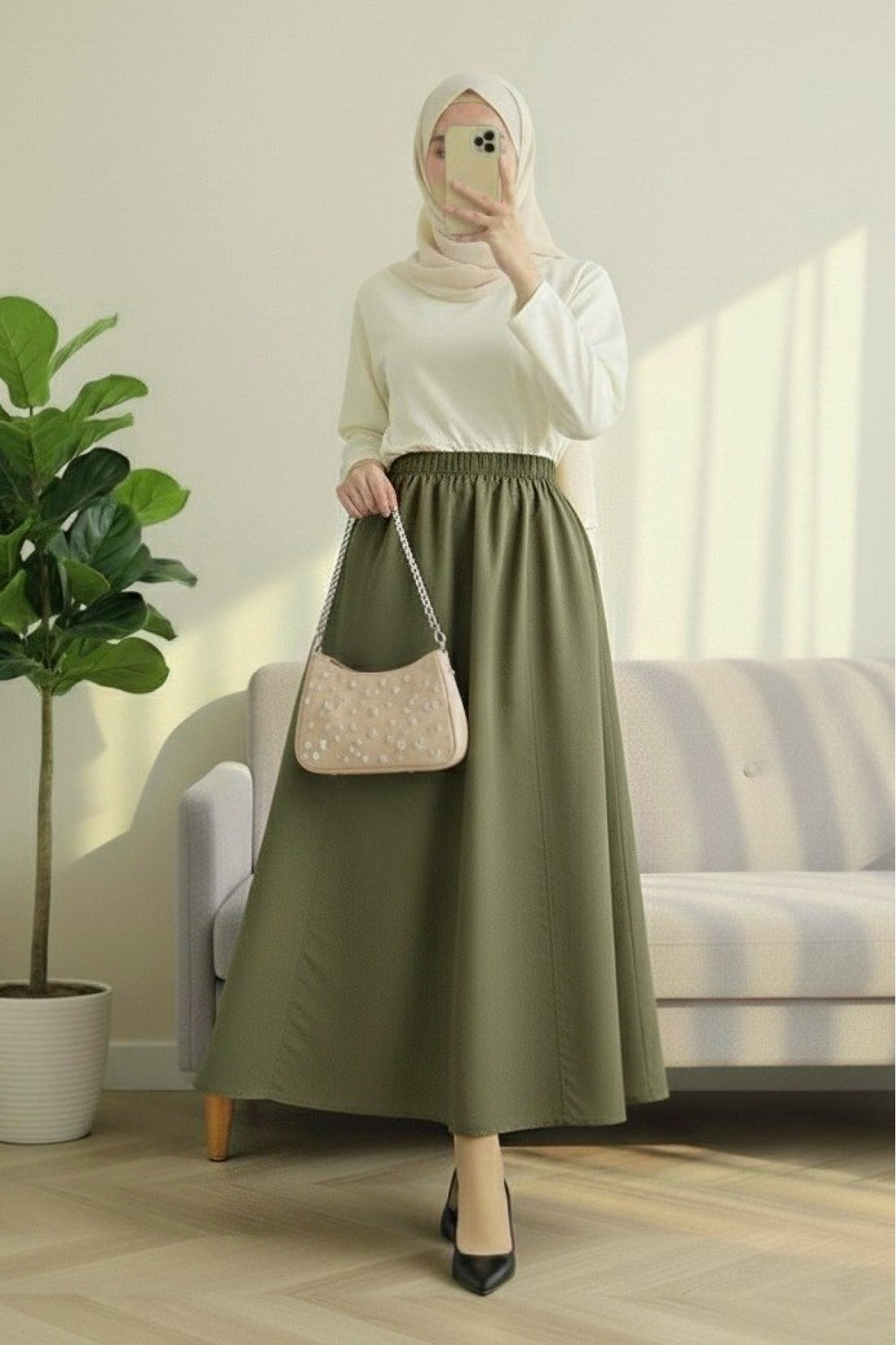 Elastic Waist Parachute Skirt with Pockets  -Khaki