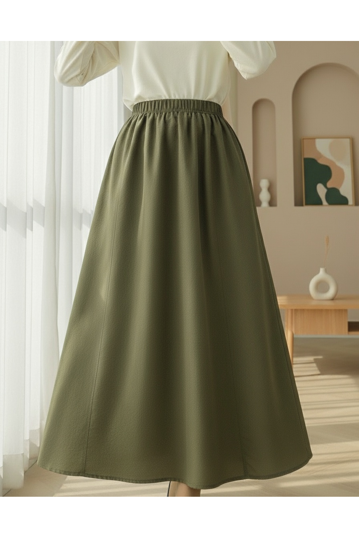 Elastic Waist Parachute Skirt with Pockets  -Khaki