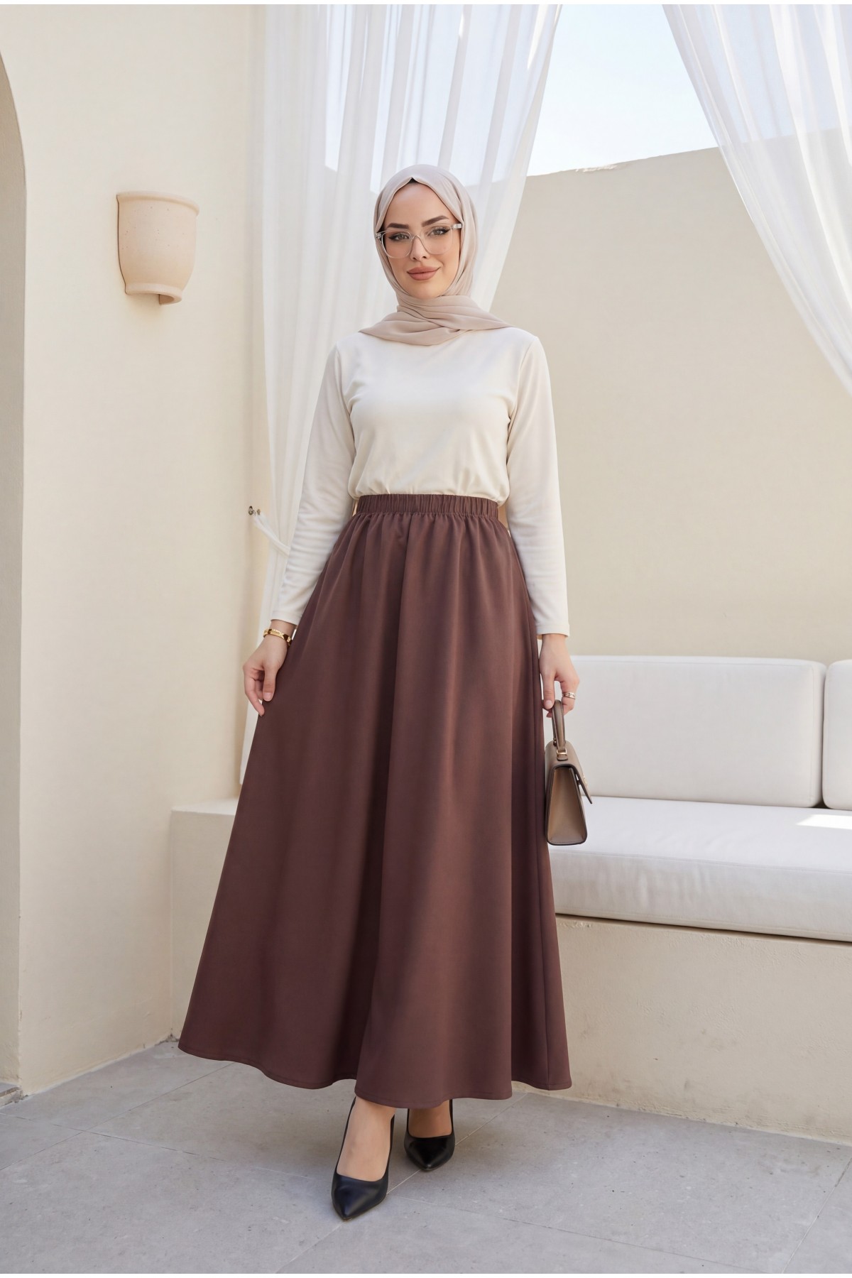 Beli Lastikli Cepli Paraşüt Etek  -Kahve