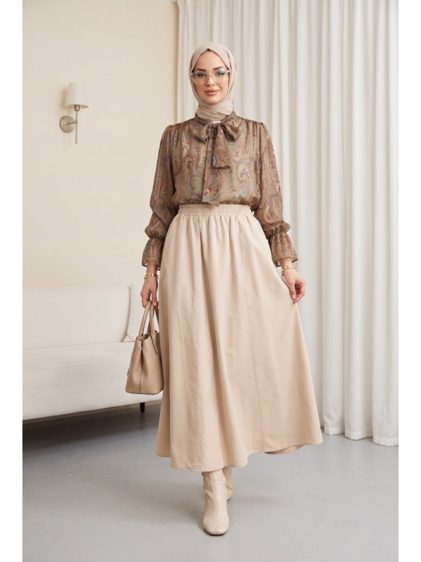 Elastic Waist Parachute Skirt with Pockets   - Beige