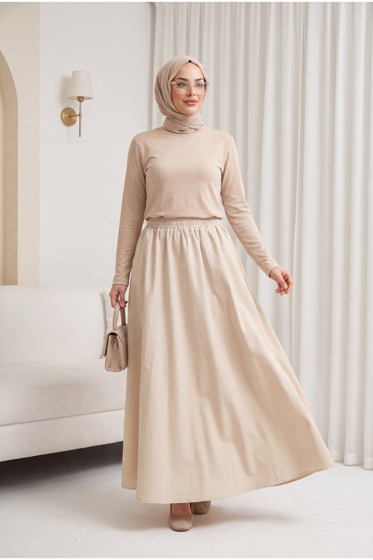 Elastic Waist Parachute Skirt with Pockets   - Beige