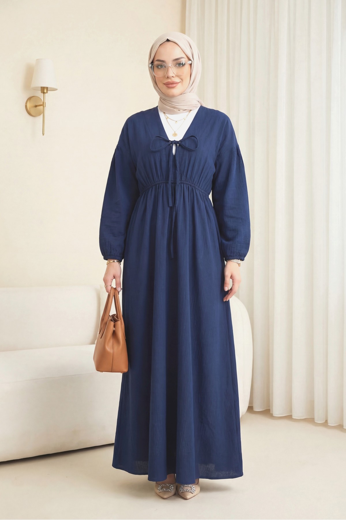 Muslin Dress with Elasticated Waist and Sleeves, Tied Collar    -Navy blue