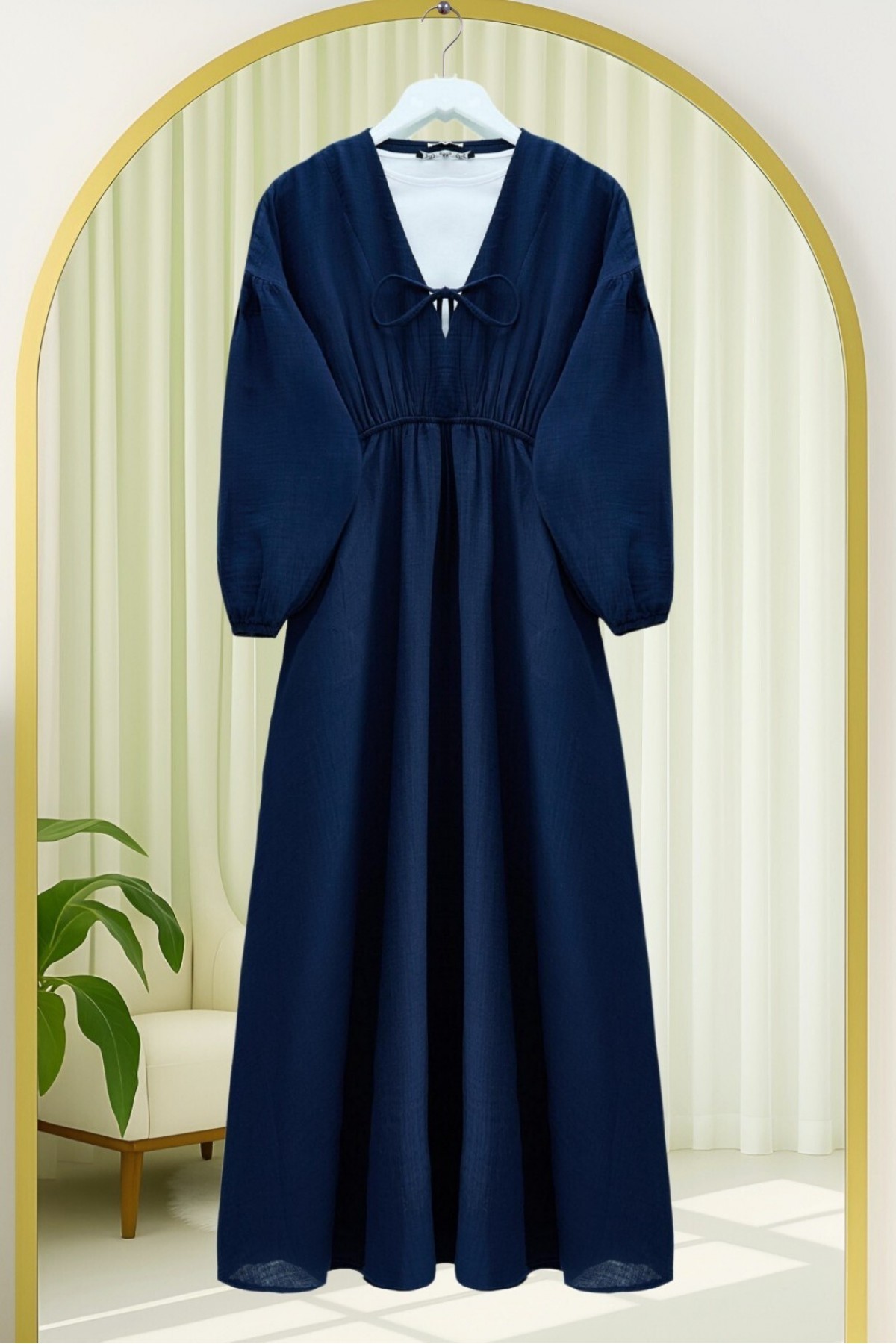 Muslin Dress with Elasticated Waist and Sleeves, Tied Collar    -Navy blue