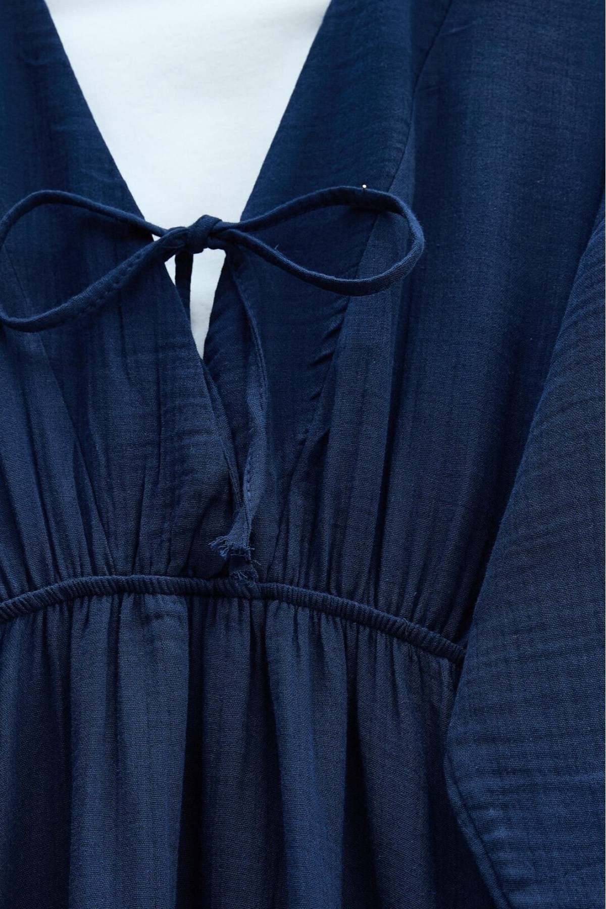 Muslin Dress with Elasticated Waist and Sleeves, Tied Collar    -Navy blue