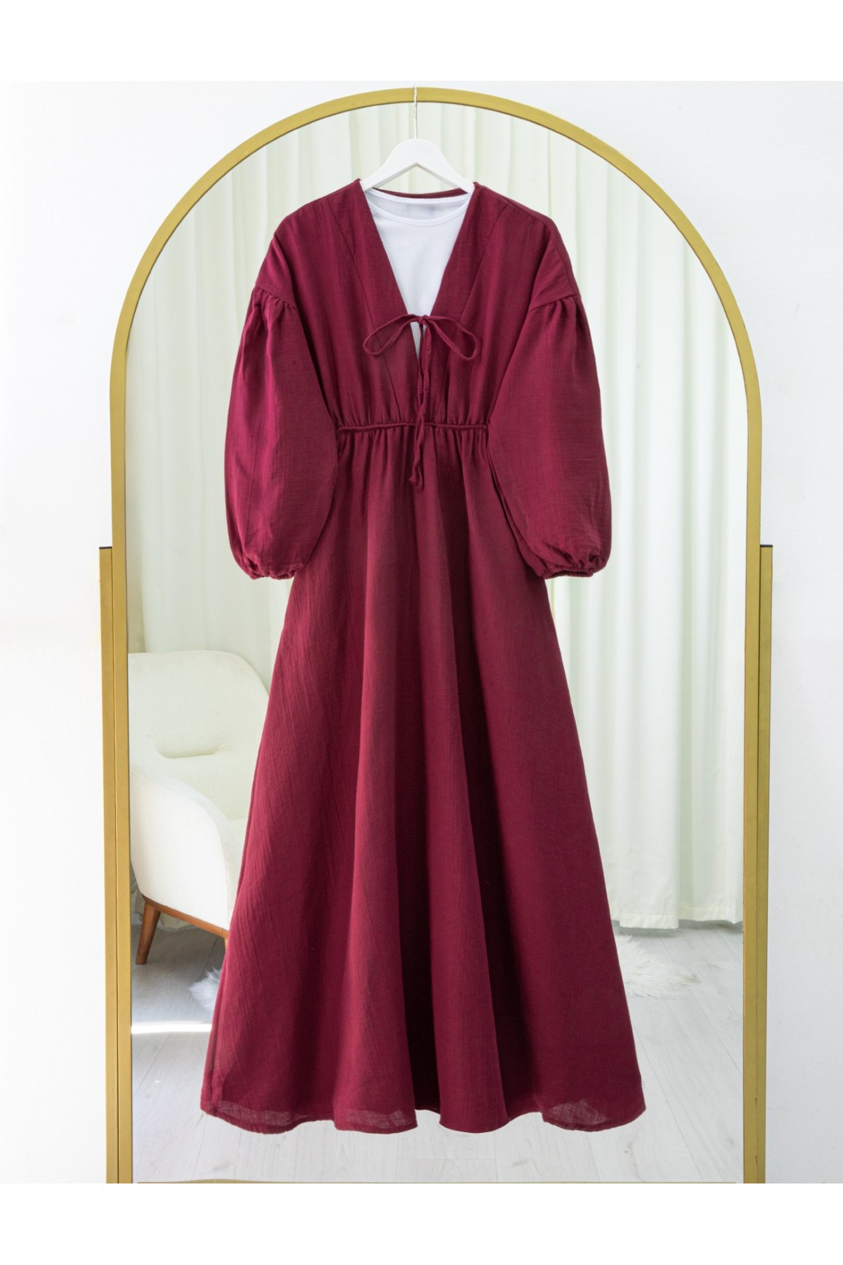 Muslin Dress with Elasticated Waist and Sleeves, Tied Collar -Maroon