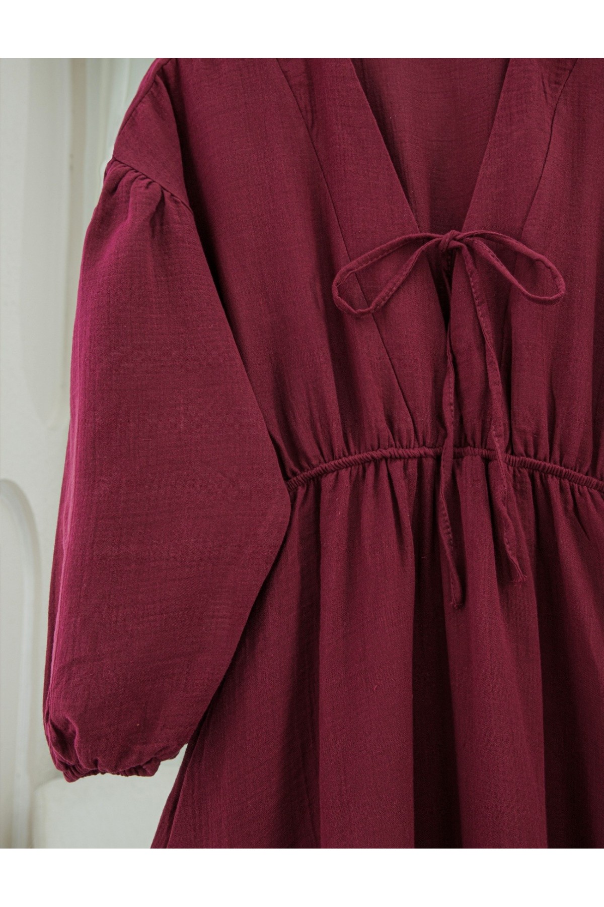 Muslin Dress with Elasticated Waist and Sleeves, Tied Collar -Maroon