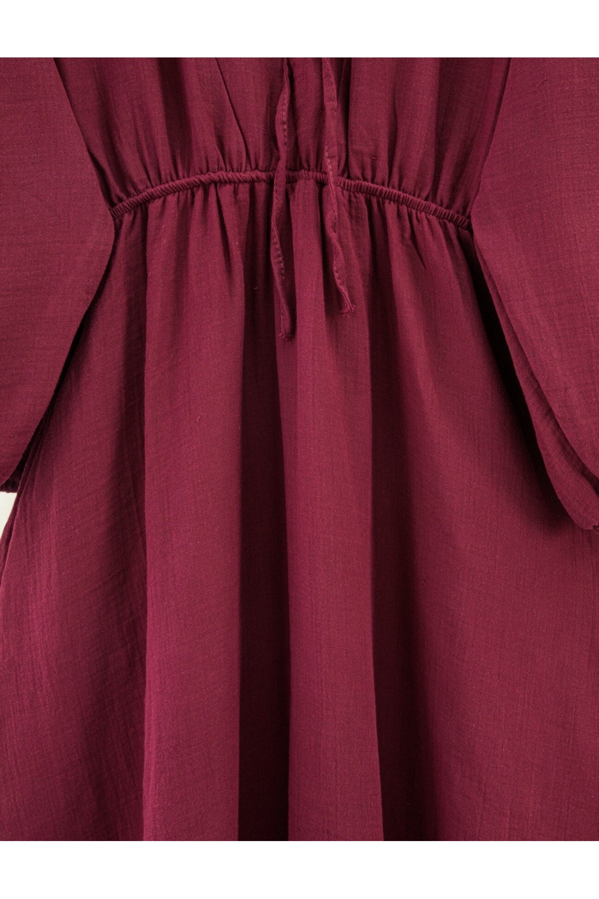 Muslin Dress with Elasticated Waist and Sleeves, Tied Collar -Maroon