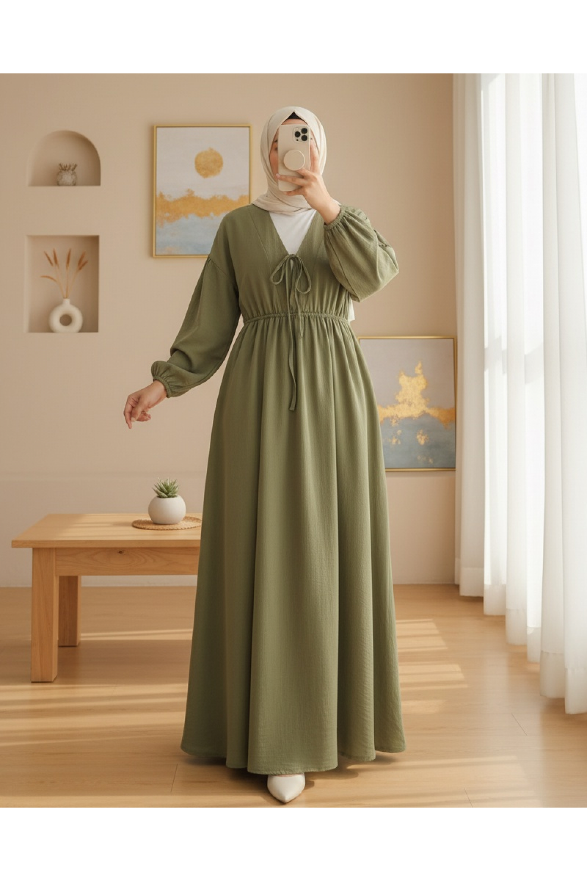Muslin Dress with Elasticated Waist and Sleeves, Tied Collar  -Khaki