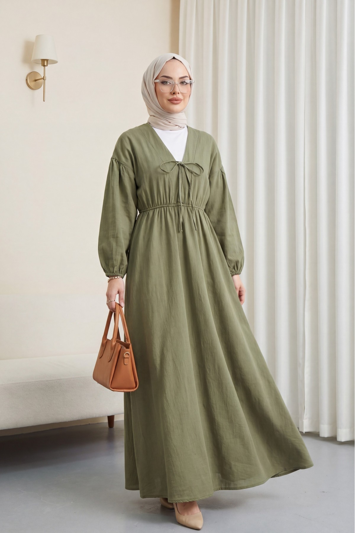 Muslin Dress with Elasticated Waist and Sleeves, Tied Collar  -Khaki