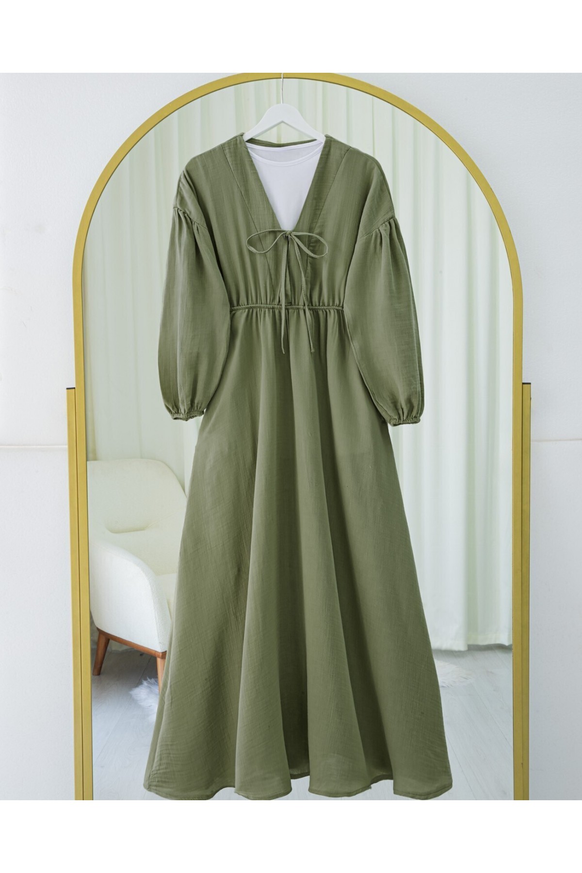 Muslin Dress with Elasticated Waist and Sleeves, Tied Collar  -Khaki