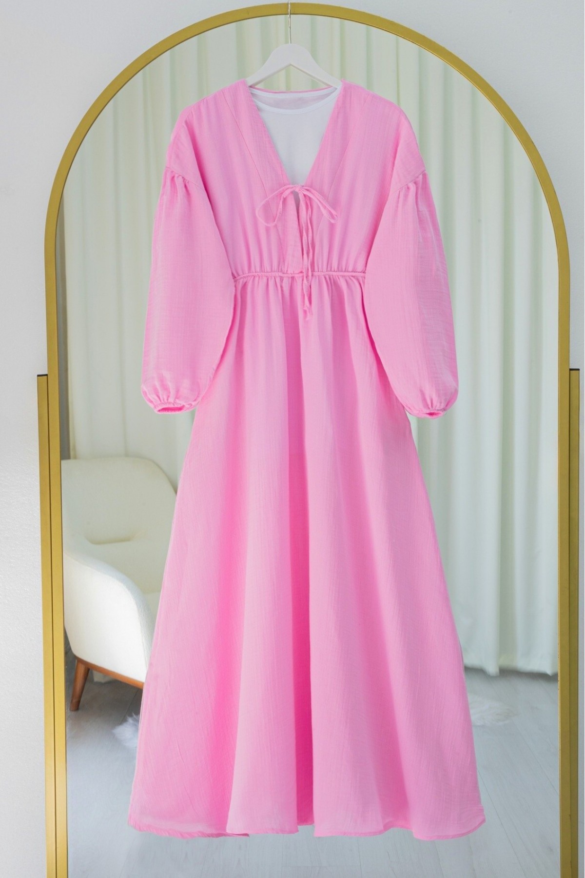 Muslin Dress with Elasticated Waist and Sleeves, Tied Collar -Pink