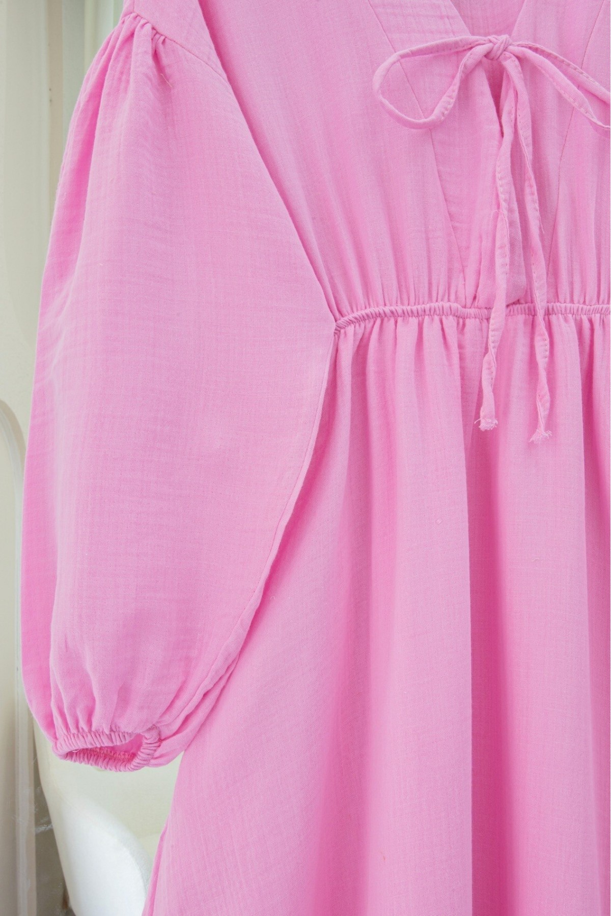 Muslin Dress with Elasticated Waist and Sleeves, Tied Collar -Pink