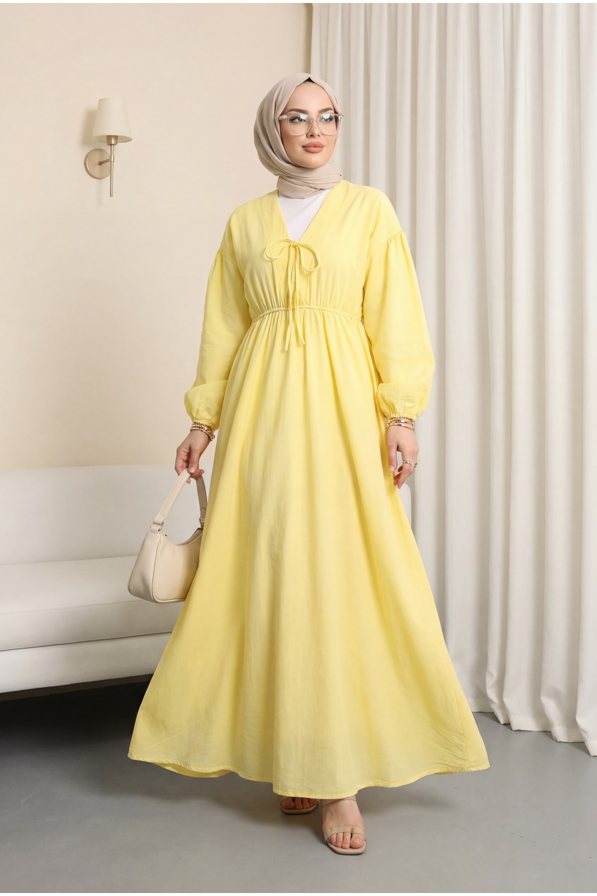Muslin Dress with Elasticated Waist and Sleeves, Tied Collar -Yellow