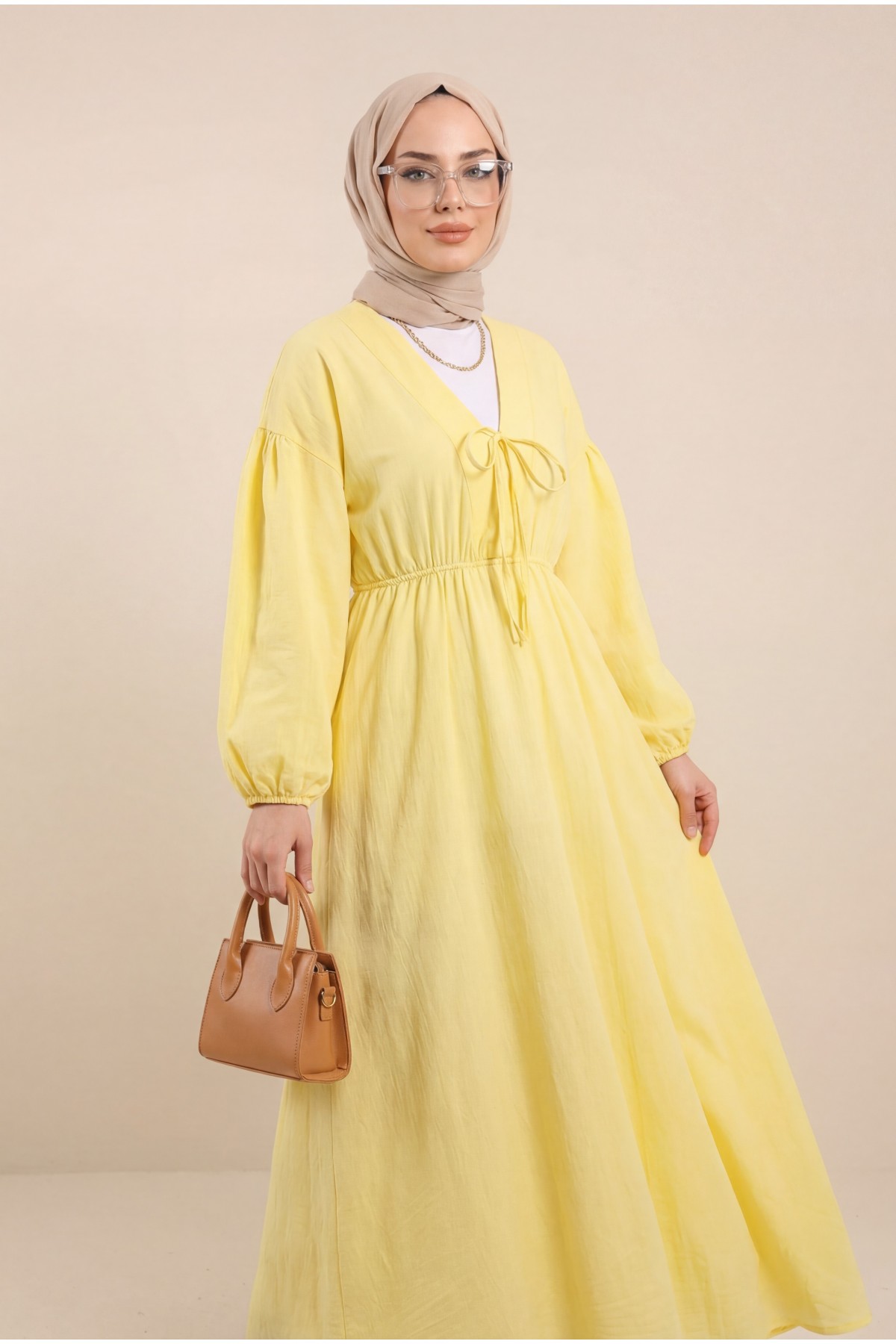 Muslin Dress with Elasticated Waist and Sleeves, Tied Collar -Yellow