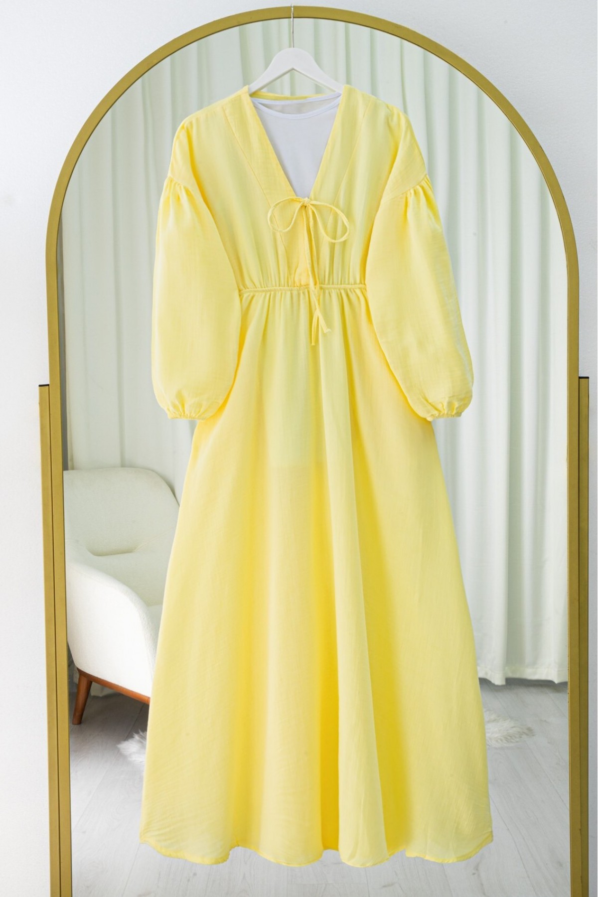 Muslin Dress with Elasticated Waist and Sleeves, Tied Collar -Yellow
