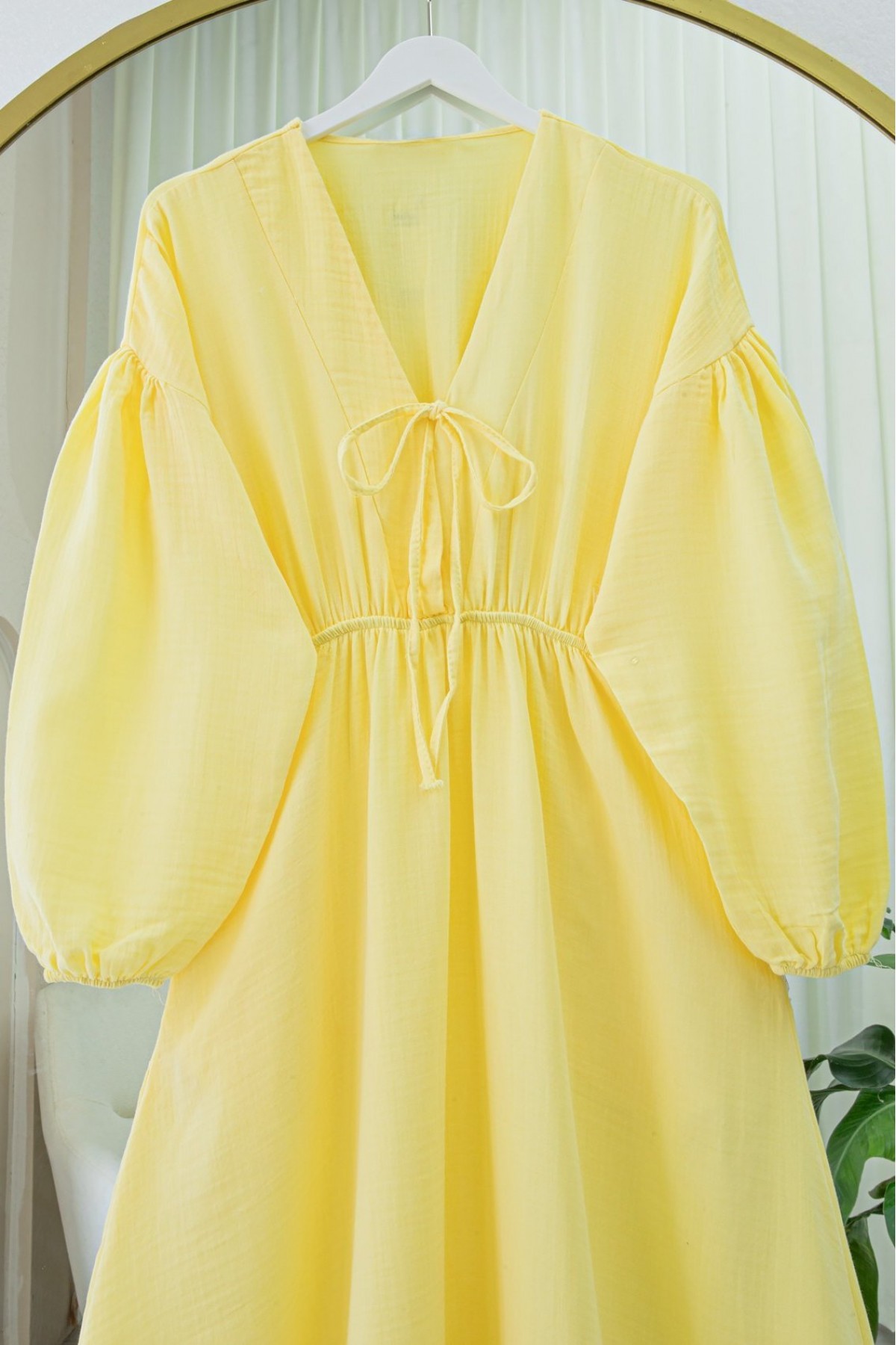 Muslin Dress with Elasticated Waist and Sleeves, Tied Collar -Yellow